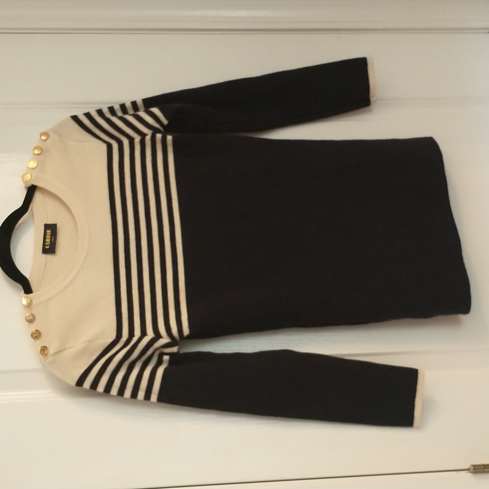 CARINE Paris 100% Wool Pullover Sweater Stripe Color Block Gold Buttons Sz 00 XS